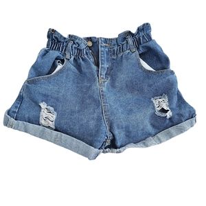 Distressed paperbag waist cuffed denim shorts